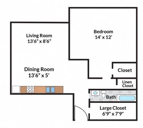 Floor plan for 1 bed, 1 bath, 478 sqft